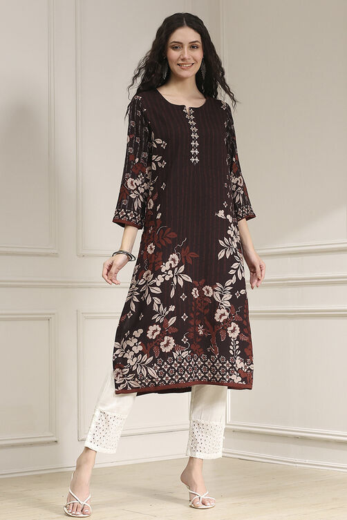 Berry Maroon Printed Straight Kurta image number 5