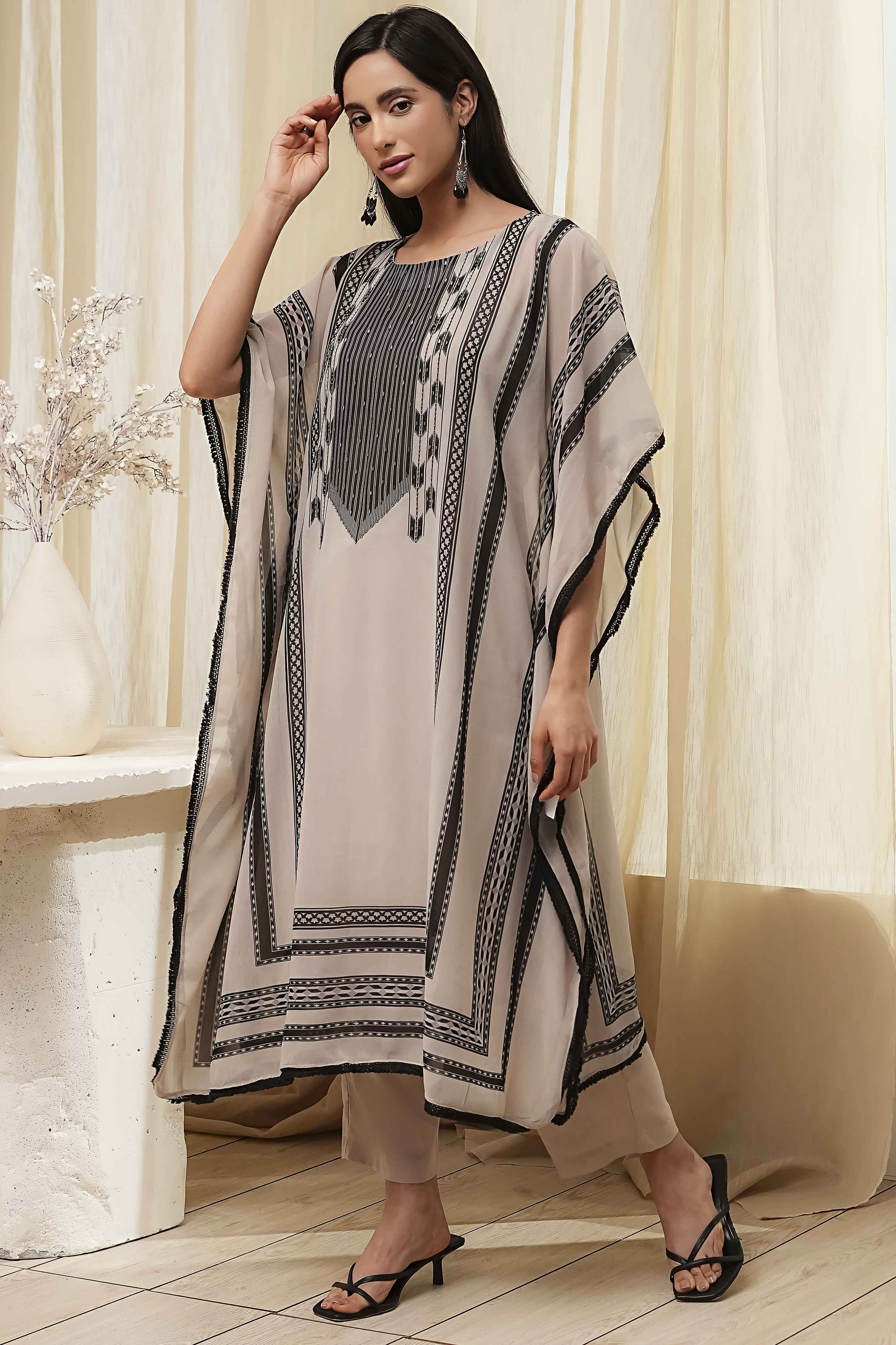 Beige and Black Printed Kaftan-Style Kurta Set image number 4