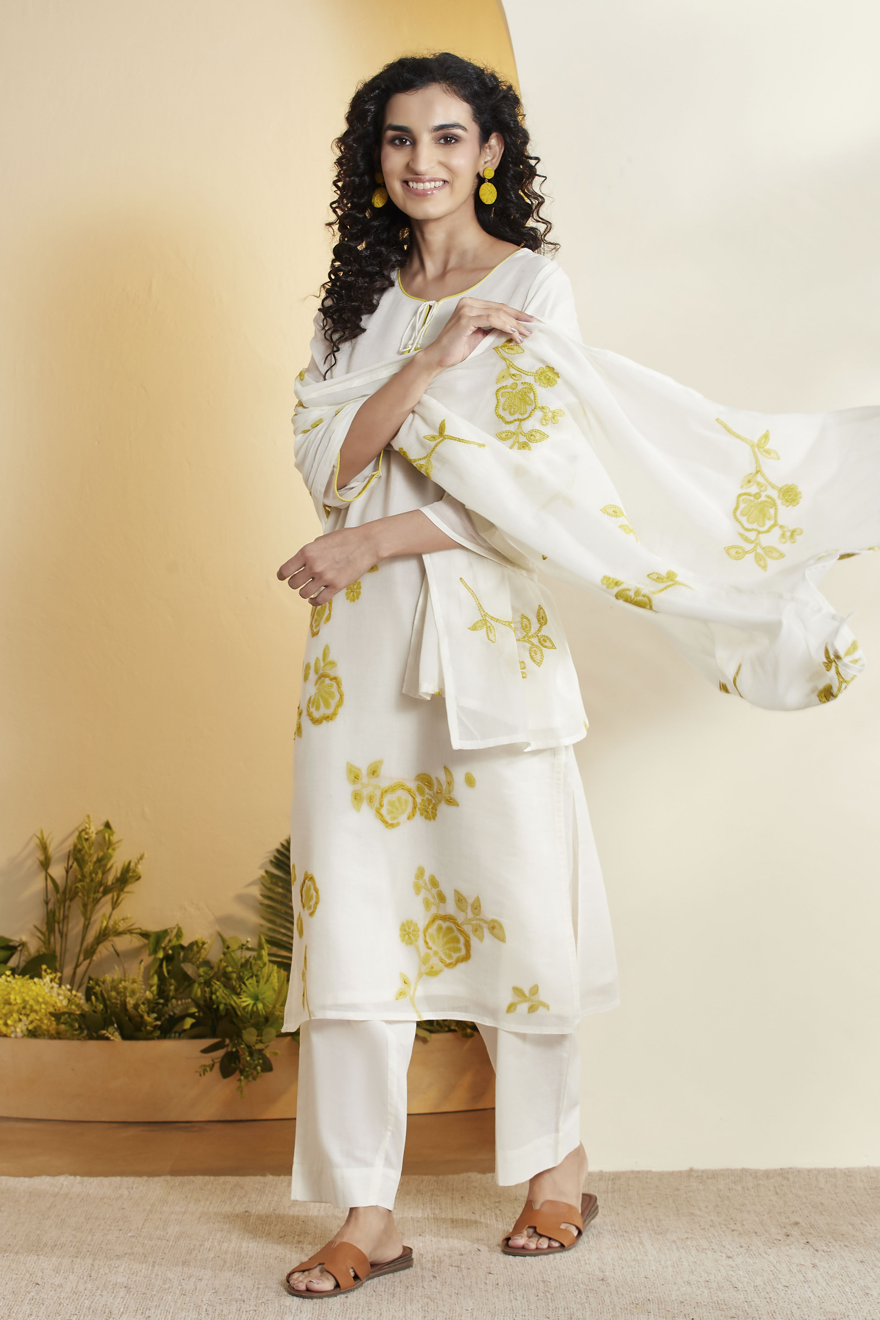 Off White & Yellow Viscose Rayon Floral Embroidered Kurta Set image number 0
