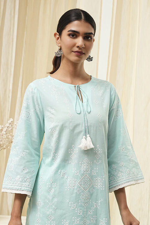 Aqua Cotton Printed Straight Suit Set image number 1