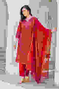 Red Yard-Dyed Chanderi Kurta & Pants Suit Set image number 3