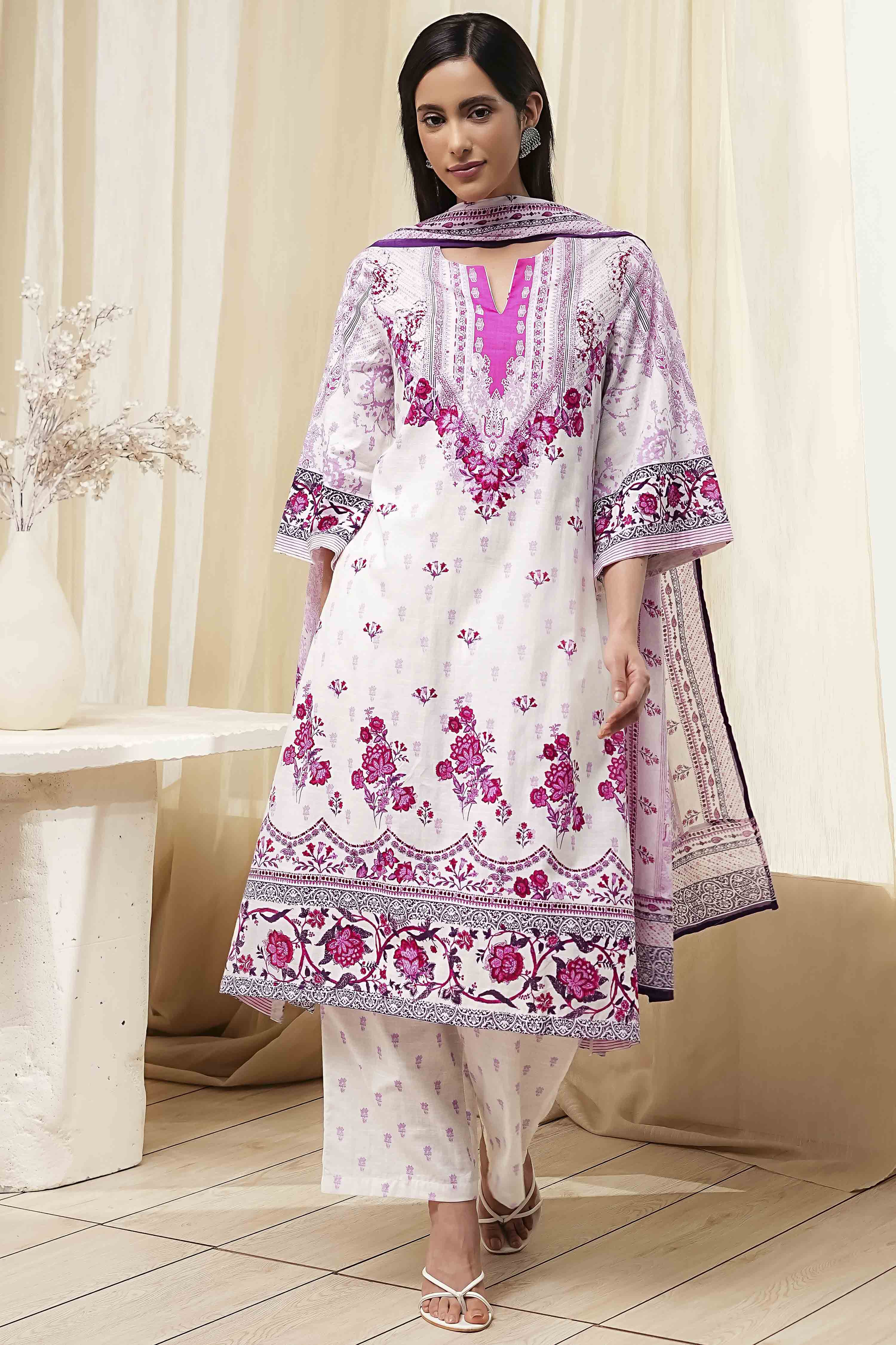 White and Pink Cotton Printed Straight Suit Set image number 6