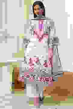 White and Pink Cotton Printed Straight Suit Set image number 6