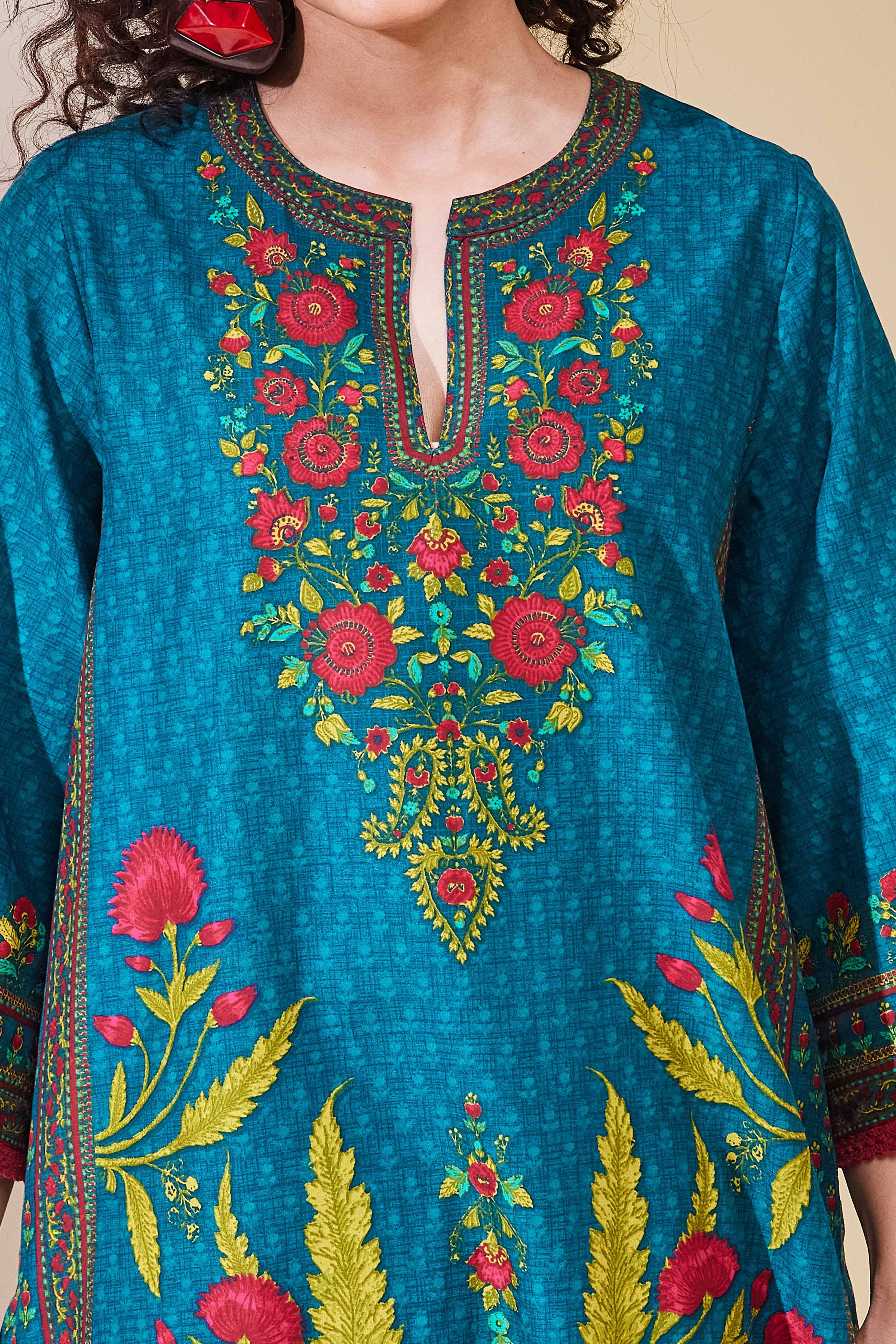 Teal Blue Cotton Printed Straight Kurta image number 1