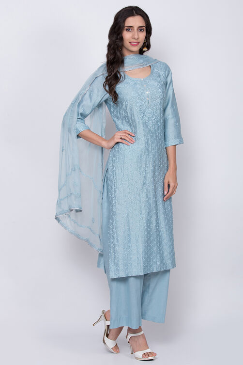 Ice Blue Cotton Silk Chikankari Kurta Palazzo Suit Set image number 4