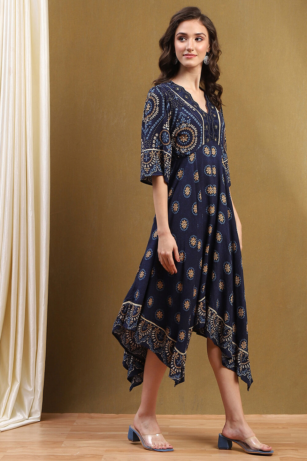 Blue Hand-Blocked Printed Handkerchief Flared Dress image number 4