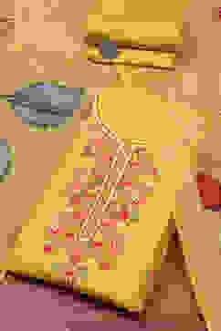 Yellow Silk Blend Machine Embroidered Unstitched Suit Set image number 0