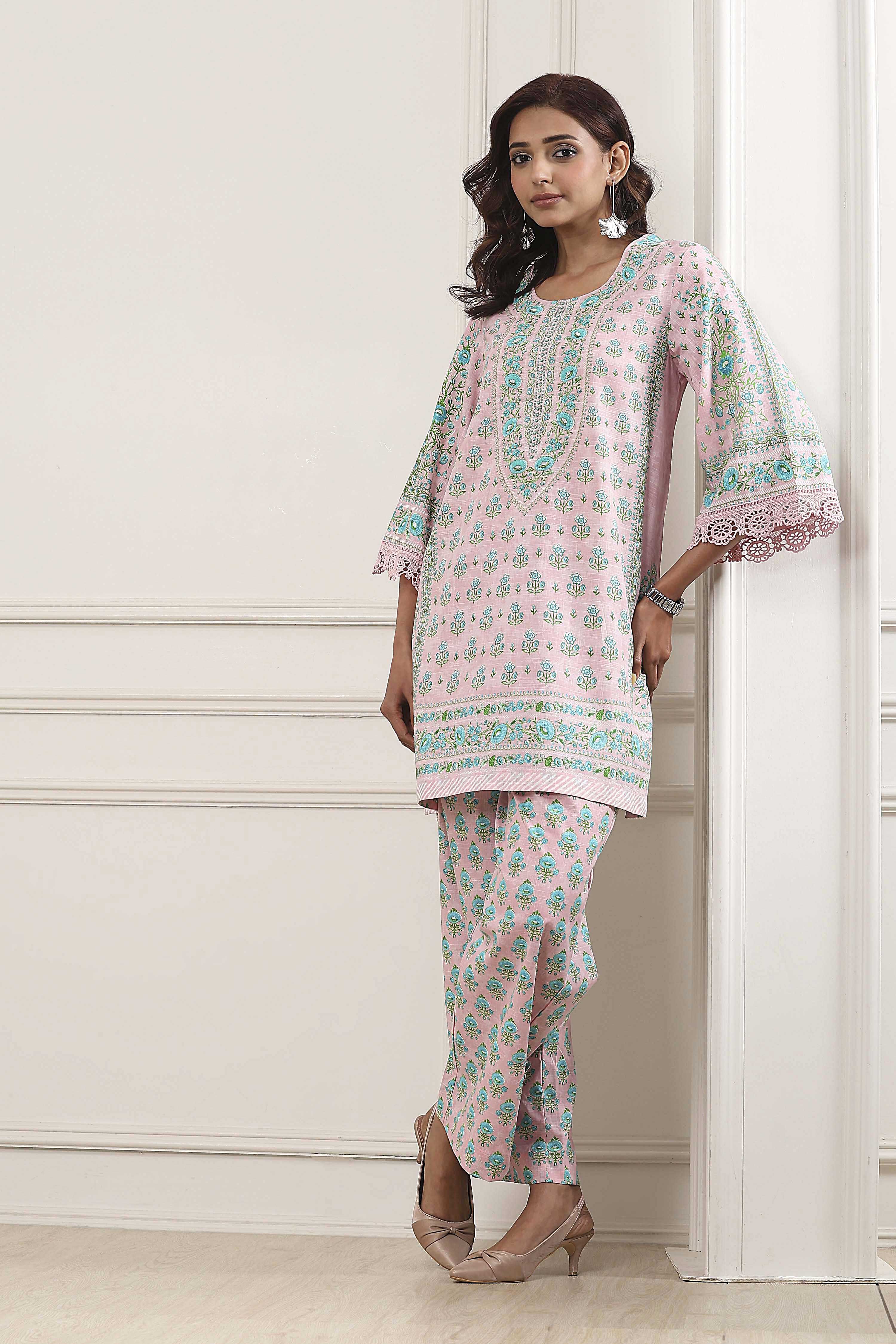 Pink Cotton Printed Straight Kurta Set image number 0