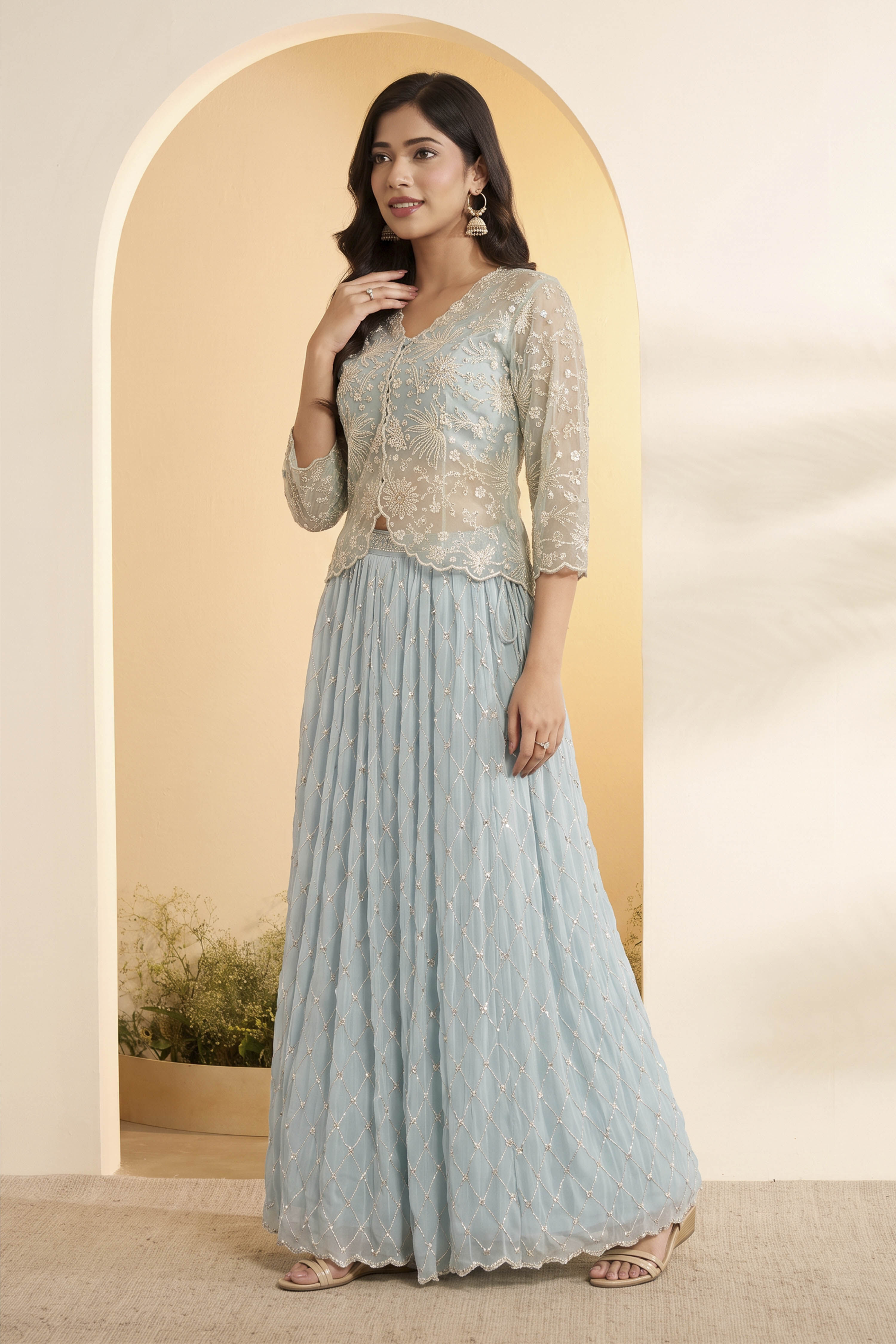 Powder Blue Embroidered Kalidar Fusion Set image number 3