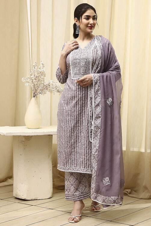 Grey Cotton Printed Unstitched Suit Set image number 7