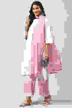 White and Pink Cotton Straight Kurta Palazzo Suit Set image number 0