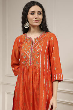 Orange Silk Straight Yarndyed Suit Set image number 1