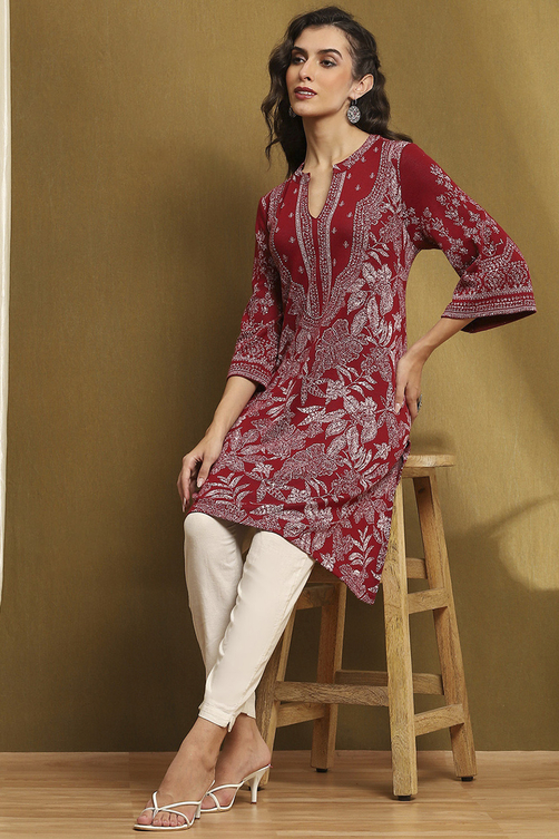 Maroon Jacquard Winter wear Straight Kurta image number 0