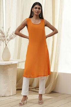 Orange Printed Pleated A-Line Kurta image number 6