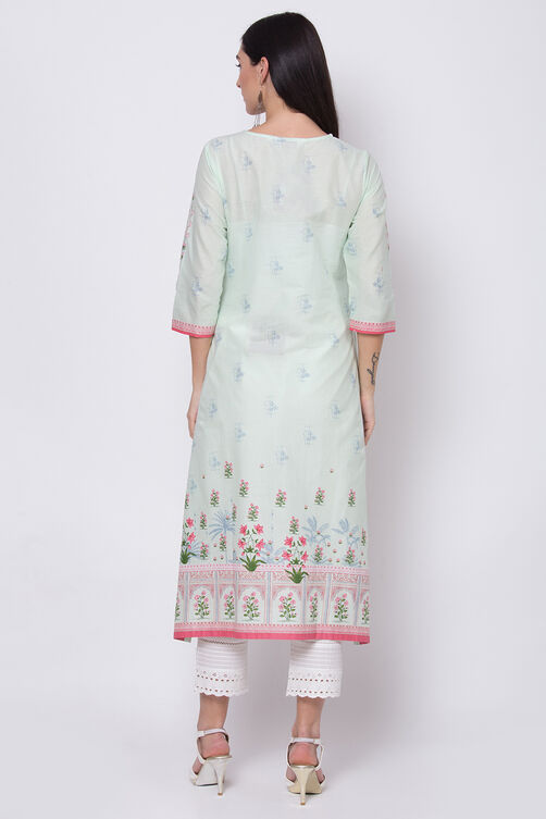 Mint Green Cotton A-Line Printed Kurta image number 4