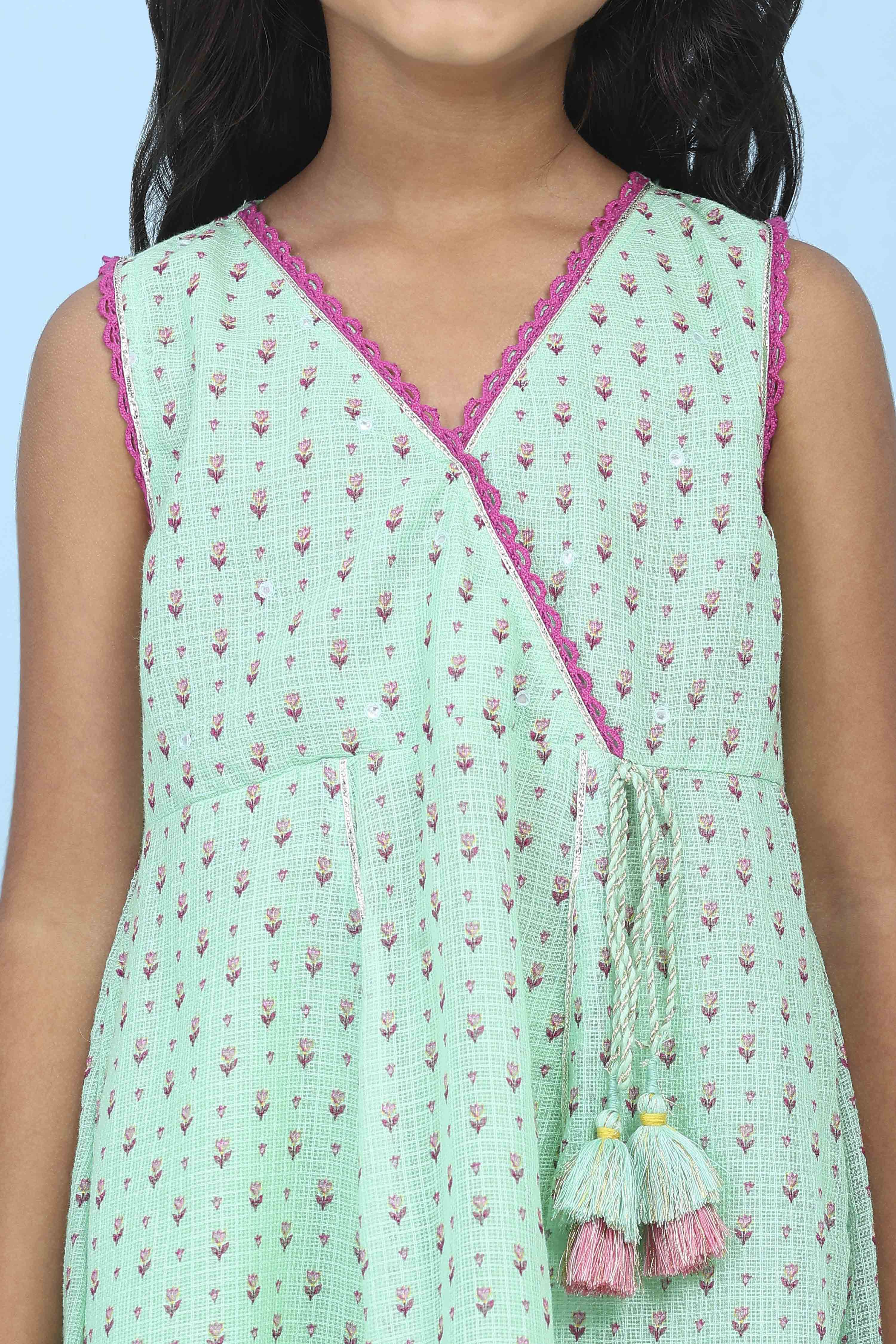 Green Cotton Floral Printed Anarkali Suit Set image number 1