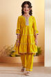 Yellow Viscose Silk Yoke Design Tiered Kurta Set image number 6