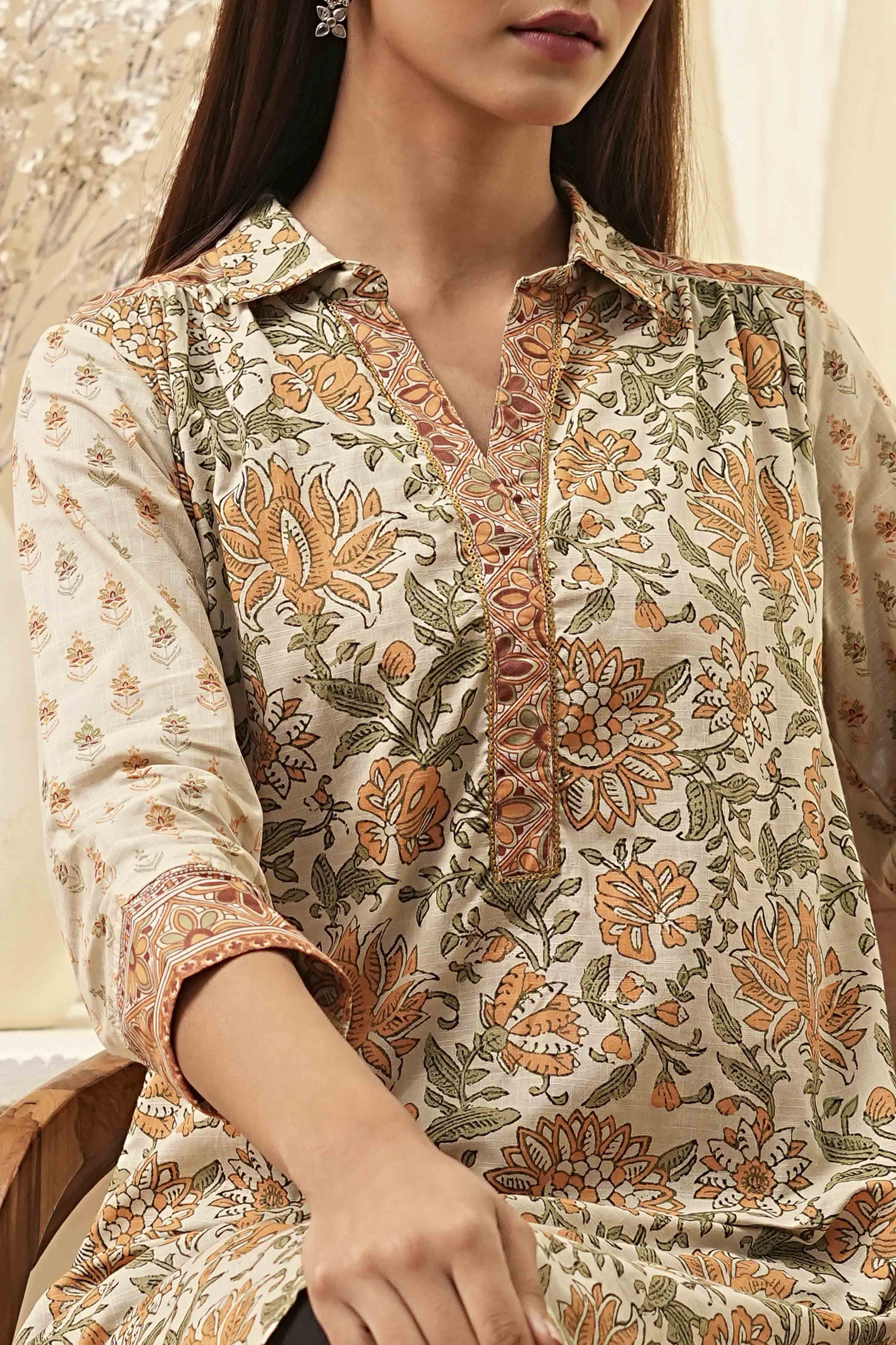 Honey Beige Cotton Floral Short Straight Kurta image number 1