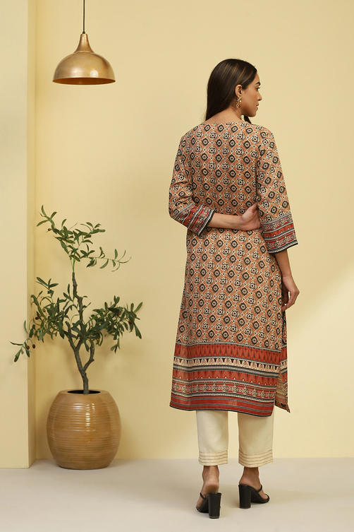Brown Ethnic Motifs Printed Straight Kurta image number 3