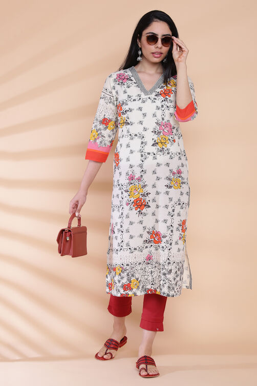 Cream Cotton Straight Printed Kurta image number 5