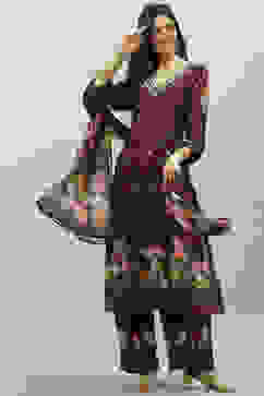 Wine Rayon Printed Straight Pant Kurta Palazzo Suit Set image number 0