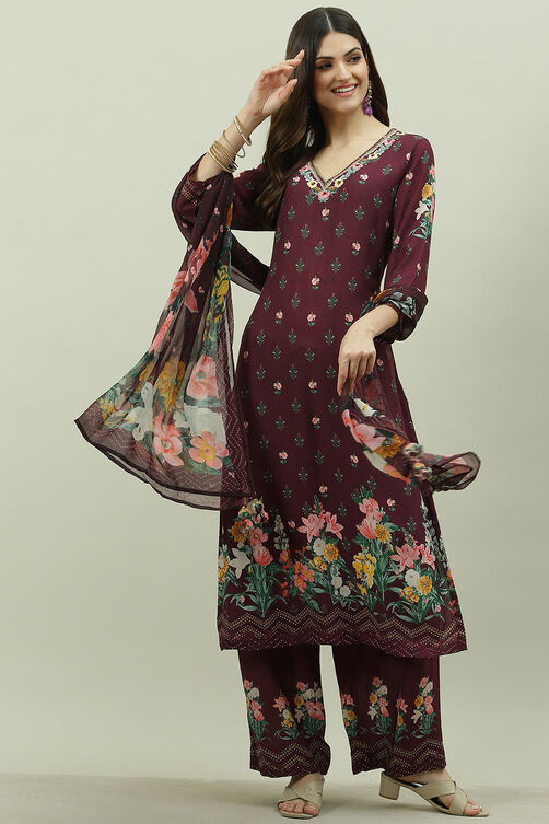Black Rayon Printed Straight Pant Kurta Palazzo Suit Set image number 0