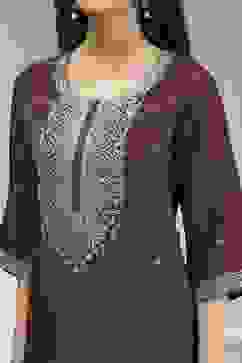 Wine Embroidered Straight Suit Set image number 1