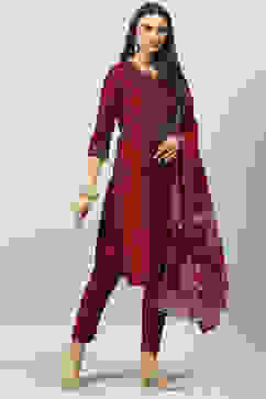 Maroon Poly Viscose Straight Kurta Slim Pants Suit Set image number 6