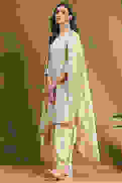 Beige Silk Chanderi Embroidered Kalidar Suit Set image number 3