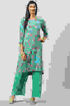 Turquoise Viscose A-Line Kurta Palazzo Suit Set image number 5