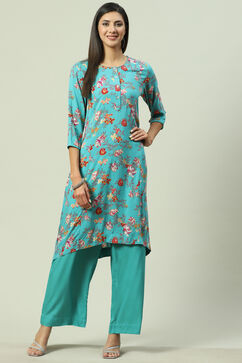 Turquoise Viscose A-Line Kurta Palazzo Suit Set image number 5
