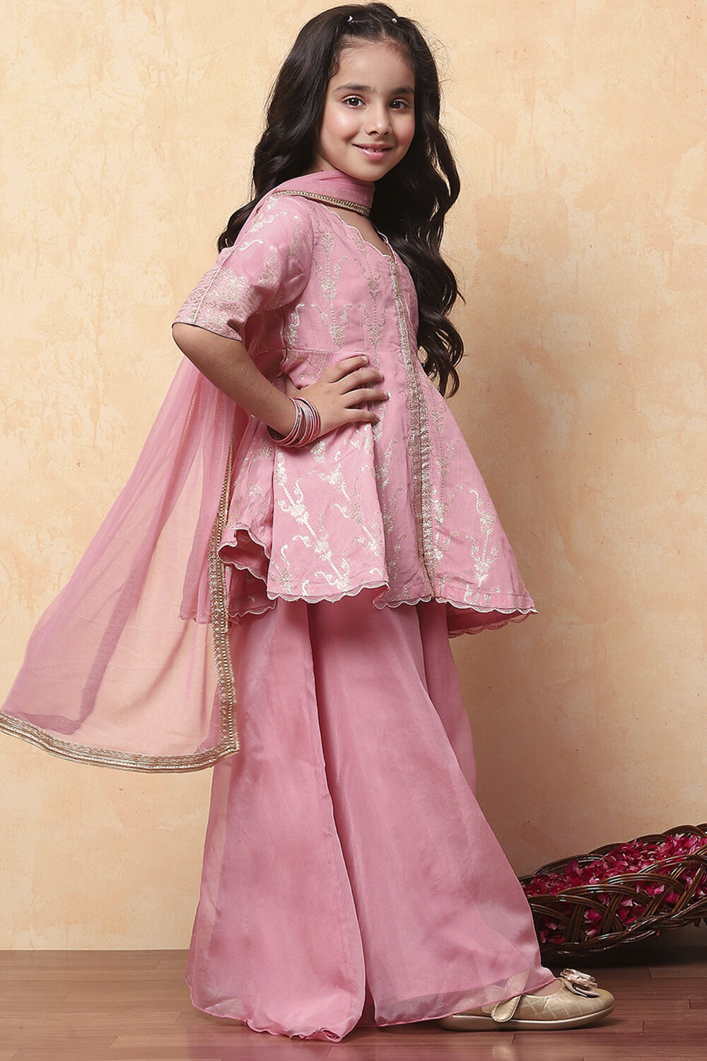 Peach Viscose Rayon Printed Front Open Sharara Suit Set image number 5