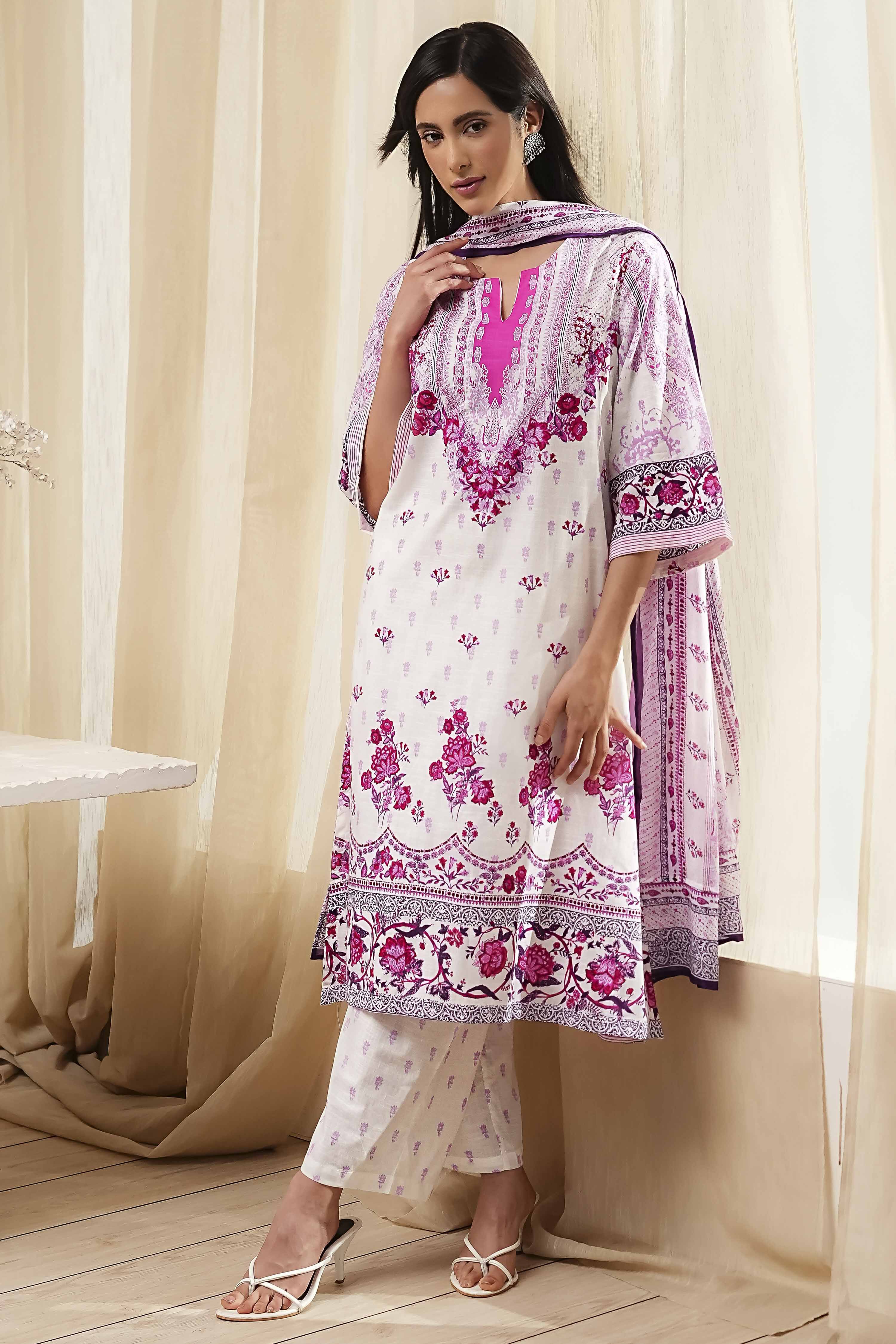 White and Pink Cotton Printed Straight Suit Set image number 0