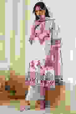 White and Pink Cotton Printed Straight Suit Set image number 0