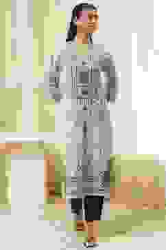 Off-White and Blue Cotton Straight Kurta image number 5