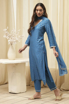 Blue Rayon Straight Kurta Pant Suit Set image number 3
