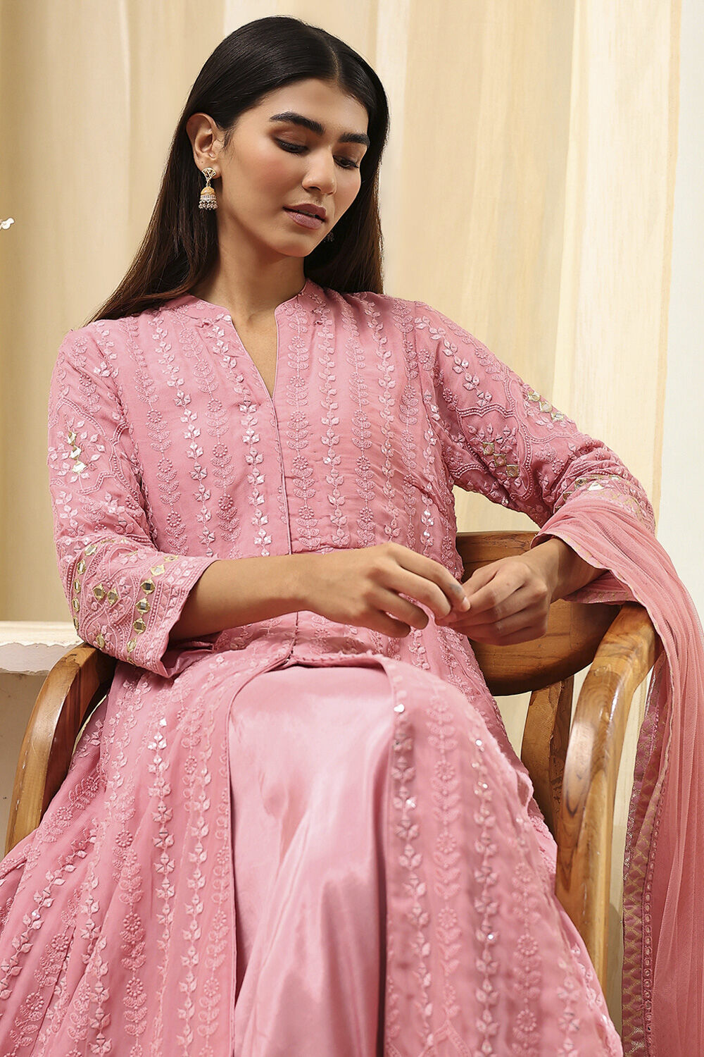 Powder Pink Embroidered Front Open Suit Set image number 6