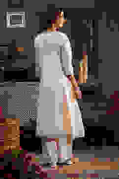 Off-White Cotton Silk Embroidered Kalidar Suit Set image number 4