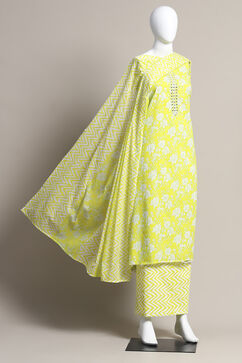 Lime Green Cotton Floral Printed Unstitched Suit Set image number 0