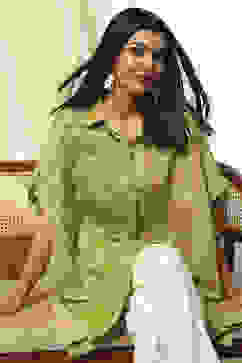 Green Geometric Printed Kaftan-Style Shirt image number 5