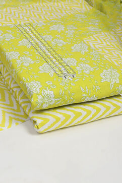 Lime Green Cotton Floral Printed Unstitched Suit Set image number 5