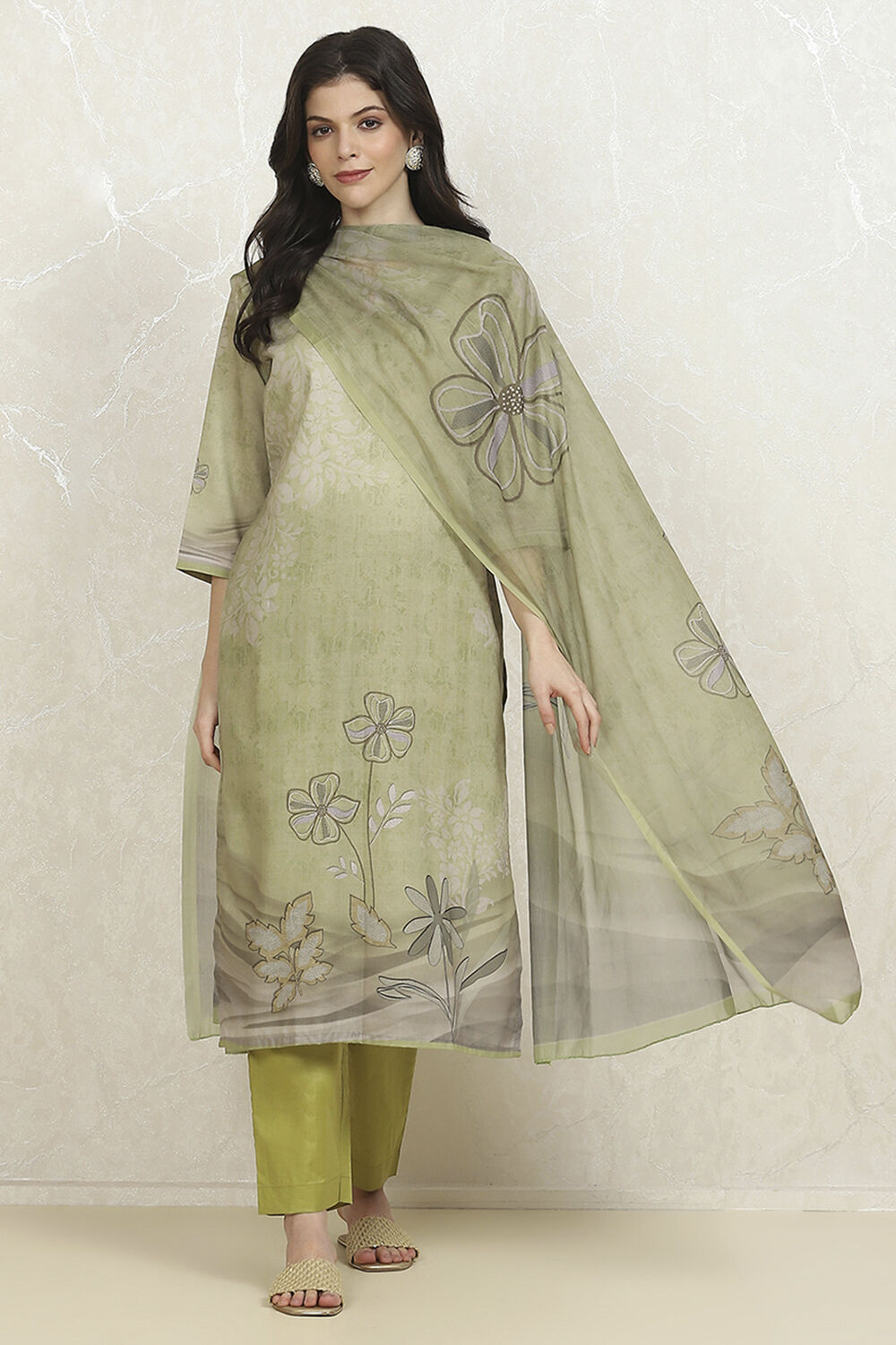 Green Cotton Printed Embroidered Unstitched Suit Set image number 1