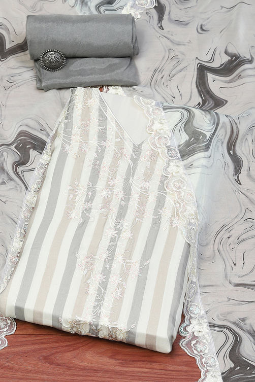 Grey Organza Unstitched Suit Set image number 0