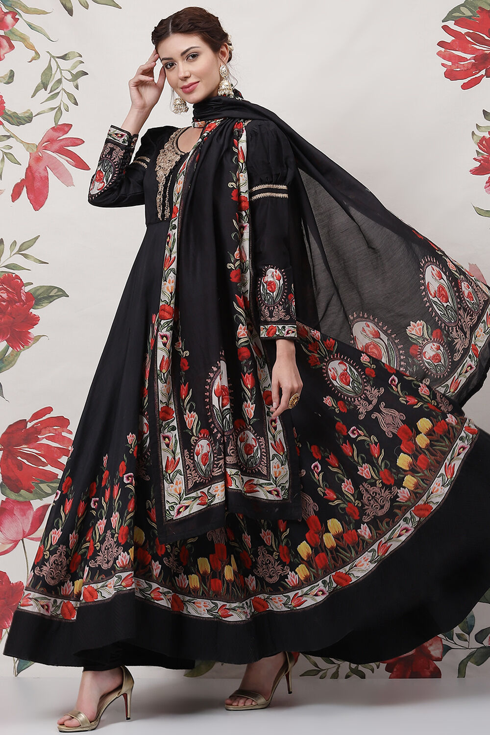 Rohit Bal Black Cotton Silk Anarkali Printed Suit Set image number 5