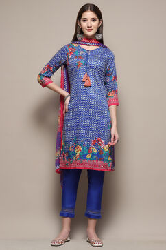 Blue Cotton Straight Kurta Slim Pant Suit Set image number 7