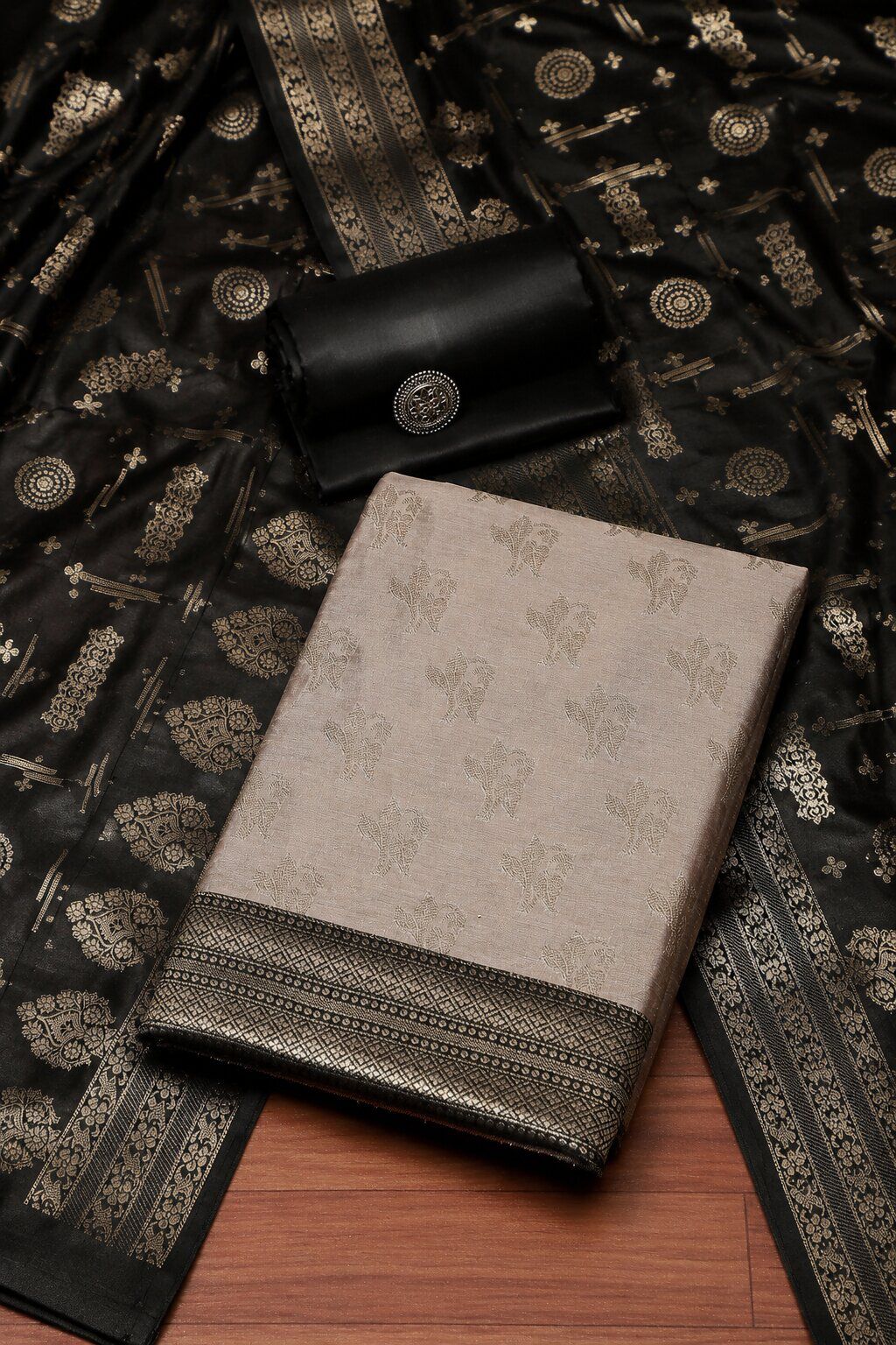 Grey Cotton Printed Embroidered Unstitched Suit Set image number 0