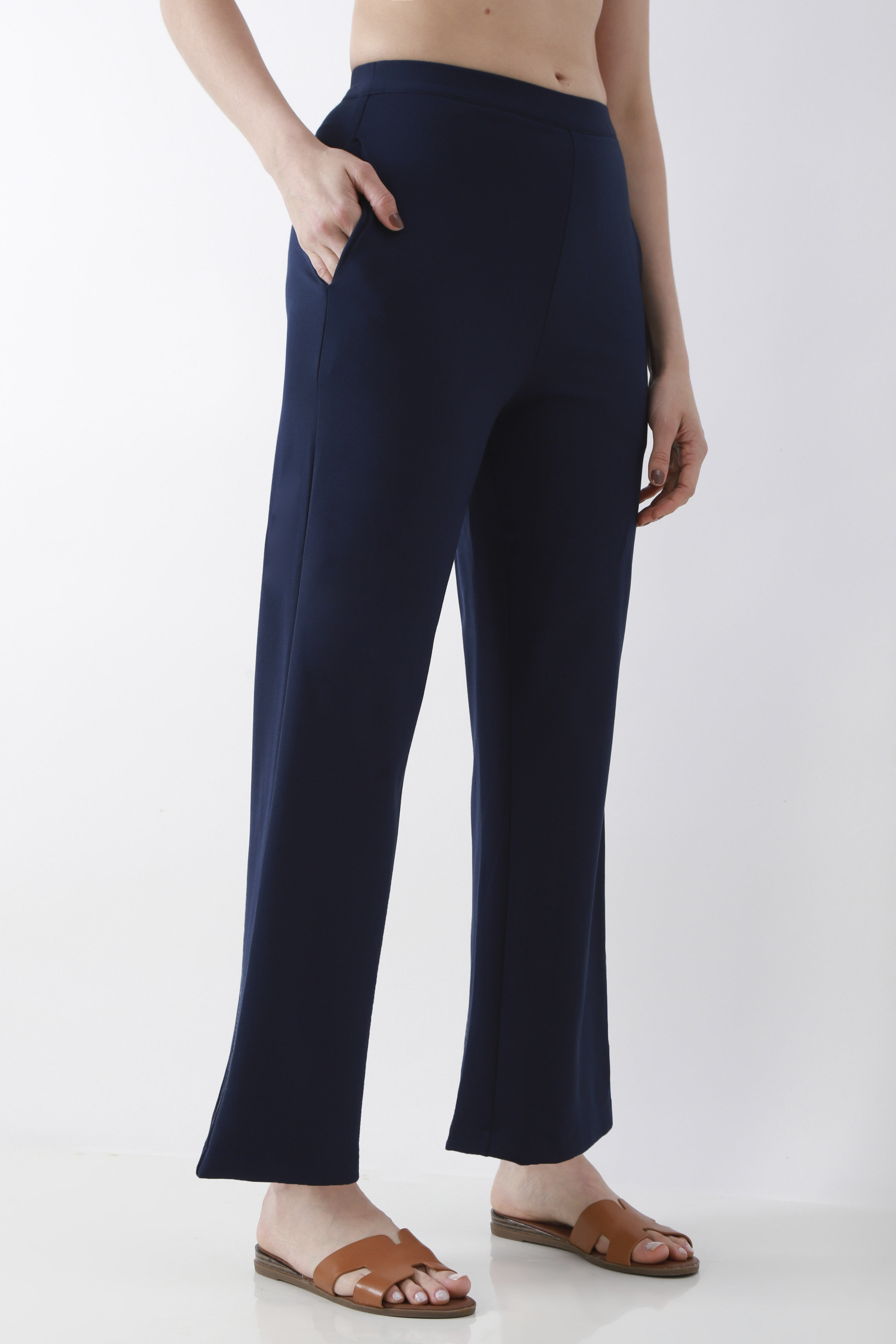 Navy Blue Solid Wide Leg Pants image number 3