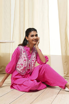 Pink and White Cotton Pathani Straight Kurta Set image number 0