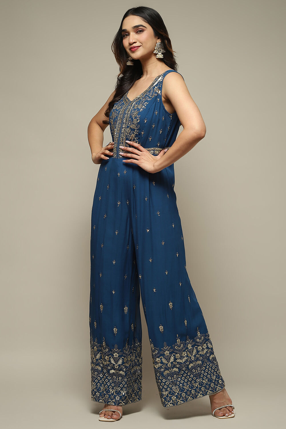 Blue Embroidered Straight Jumpsuit image number 5