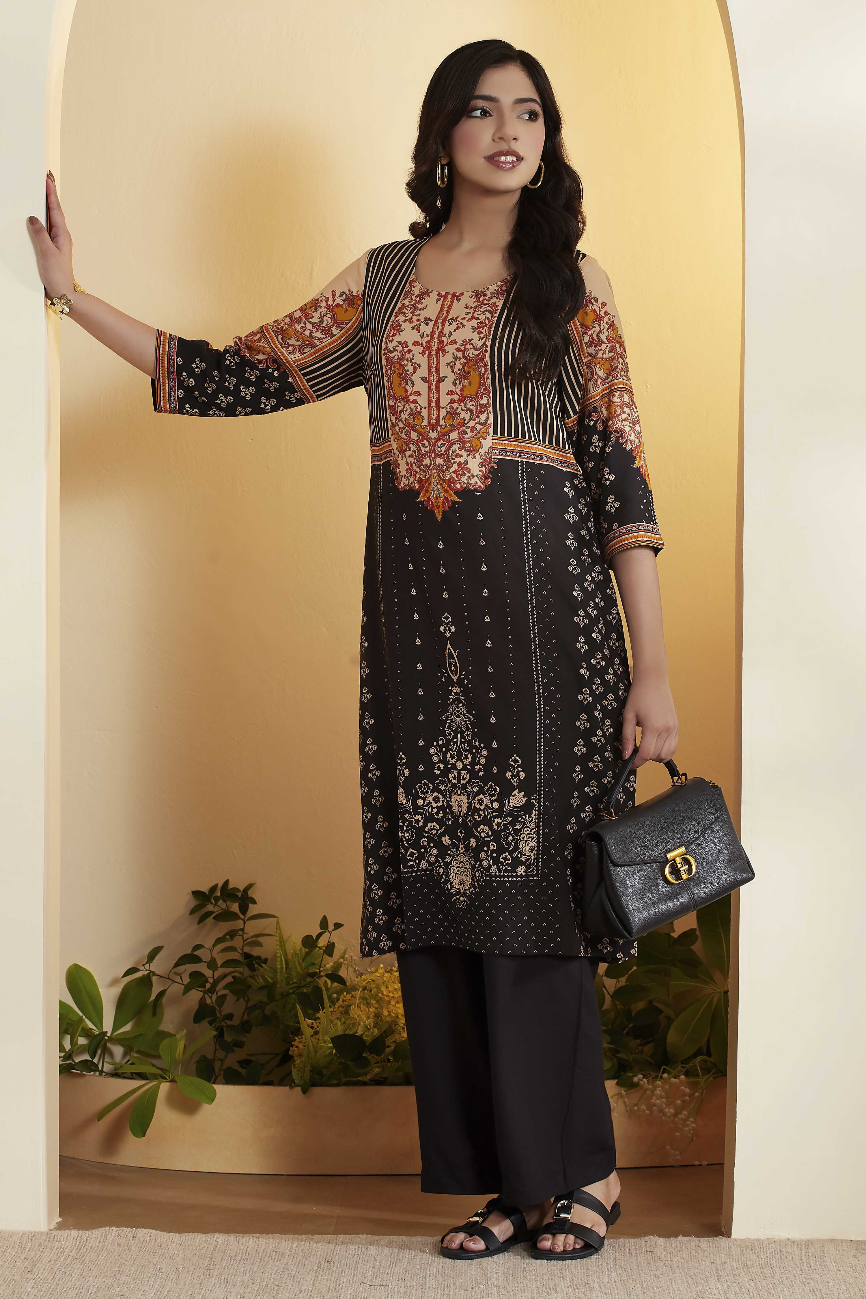 Black Viscose Rayon Printed Straight Kurta image number 0